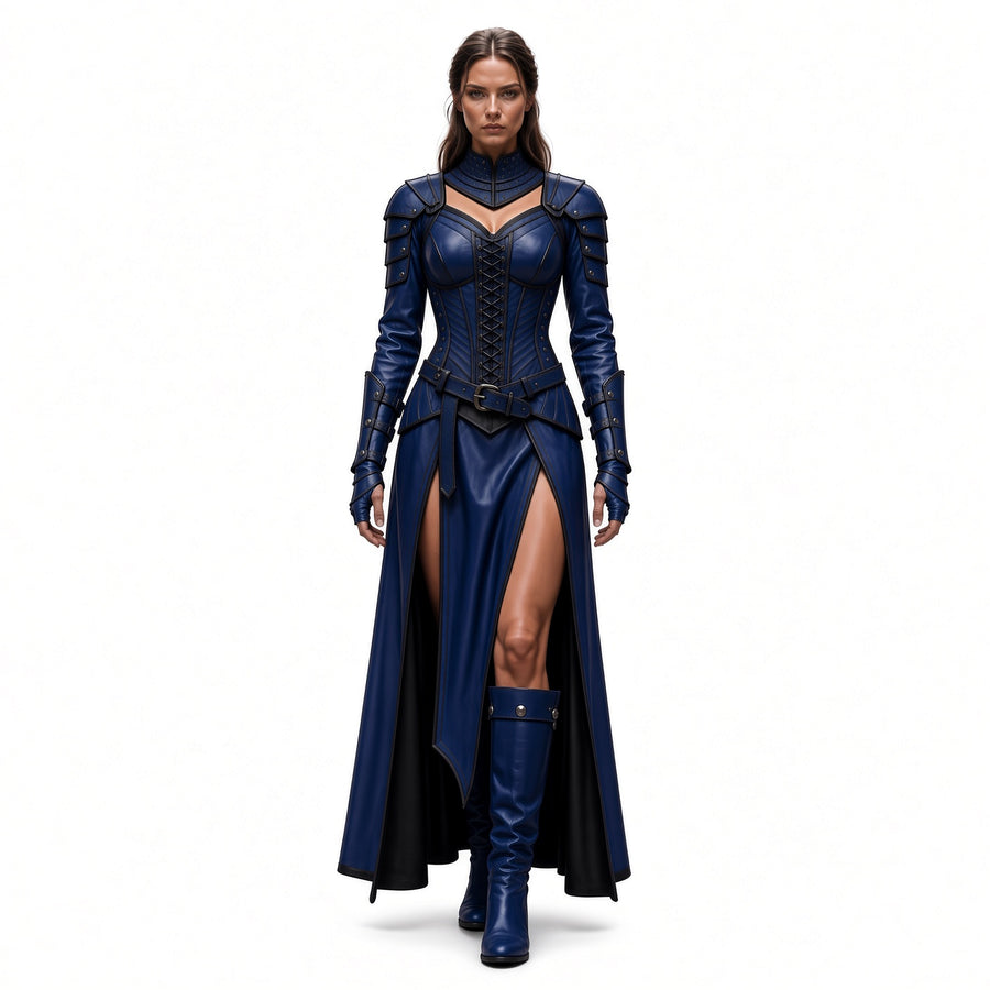 Women’s Blue queen  Leather Costume – Corset Dress, Cape, Arm Bracers & Boots