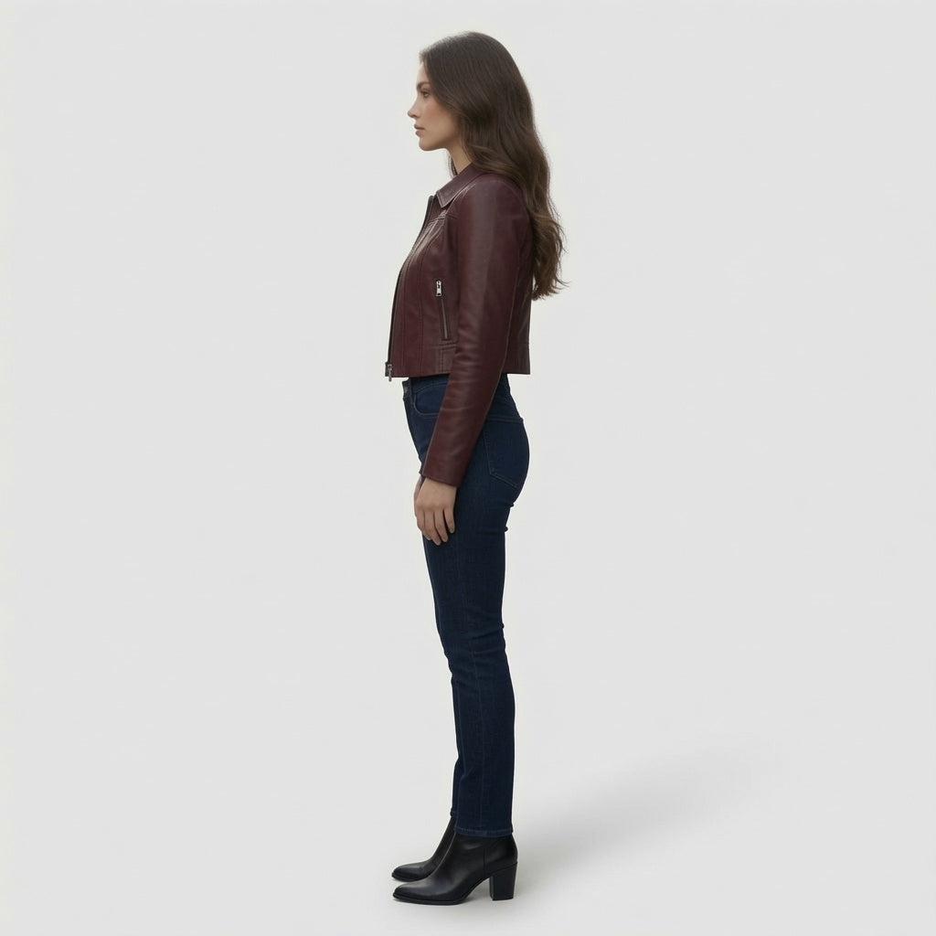 Damen bordeauxrote verkürzte Lederjacke – Schmale Passform Lässiger Motorrad-Stil