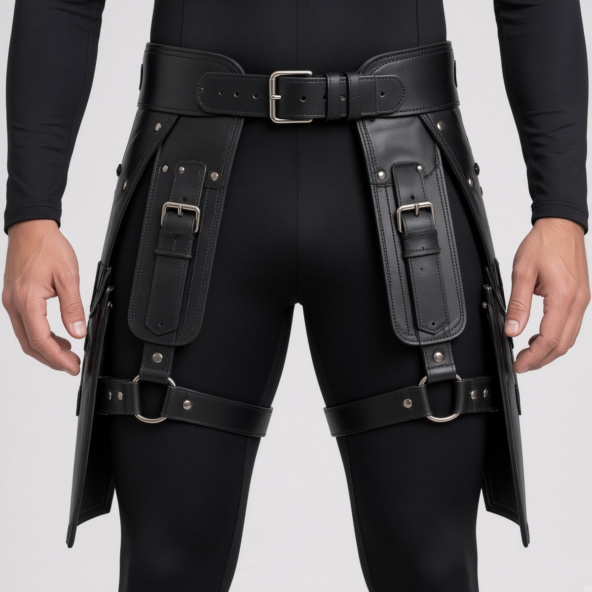 Men's Black Leather Harness Costume | Gothic Warrior Outfit with Boots