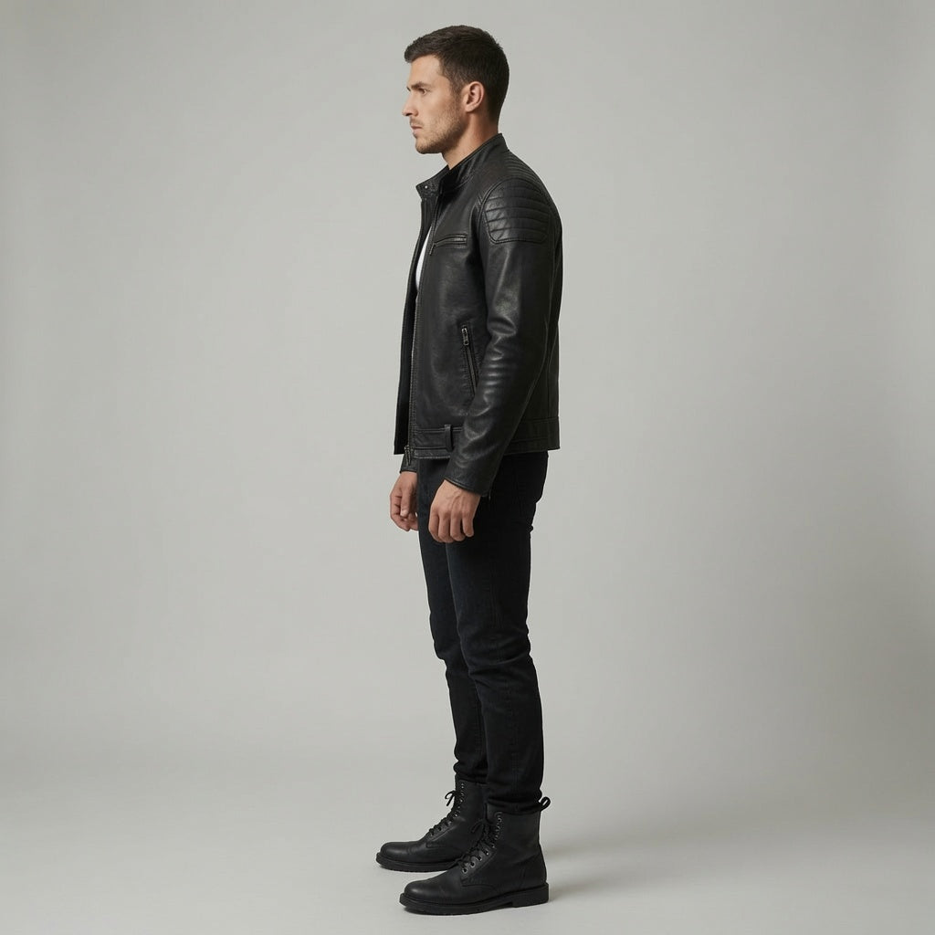 Herren Schwarze Cafe Racer Jacke aus echtem Leder | Klassische Motorrad Lederjacke