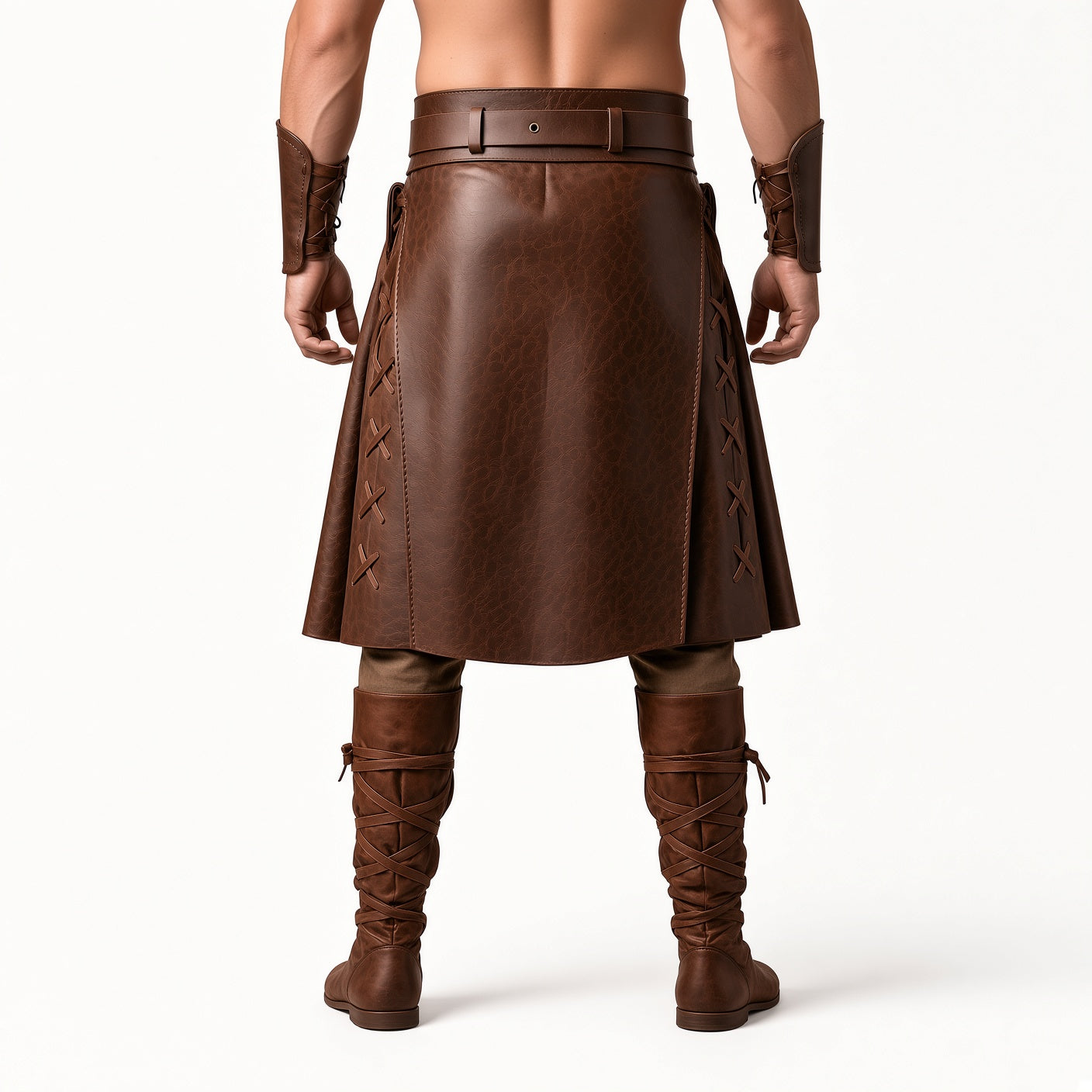 Men’s Brown Leather Warrior Costume Set with Arm Bracers & Boots | Medieval Viking LARP Cosplay Outfit