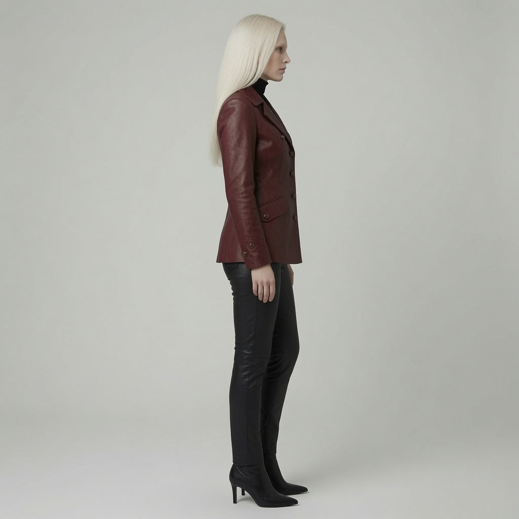 Women’s Burgundy Leather Blazer Jacket – Double Breasted Fitted Leather CoatWomen’s Burgundy Leather Blazer Jacket – Double Breasted Fitted Leather Coat