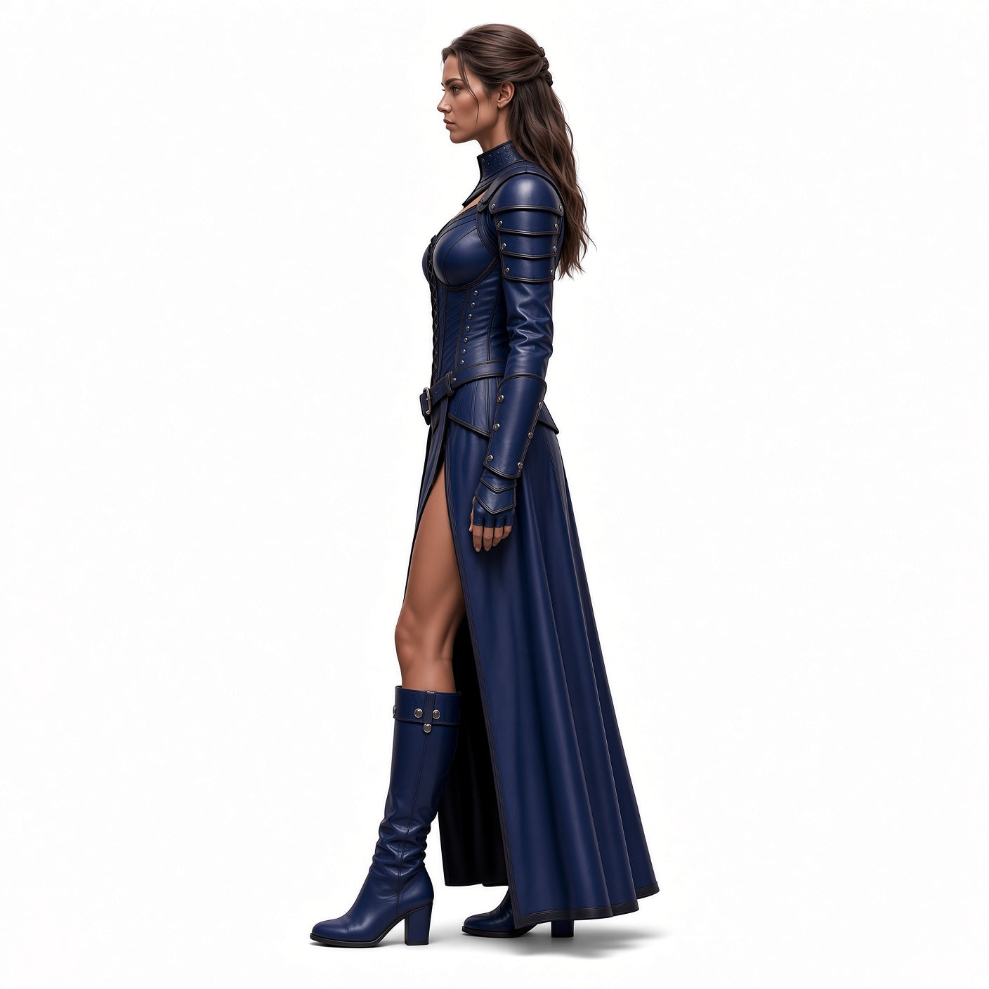 Women’s Blue queen  Leather Costume – Corset Dress, Cape, Arm Bracers & Boots