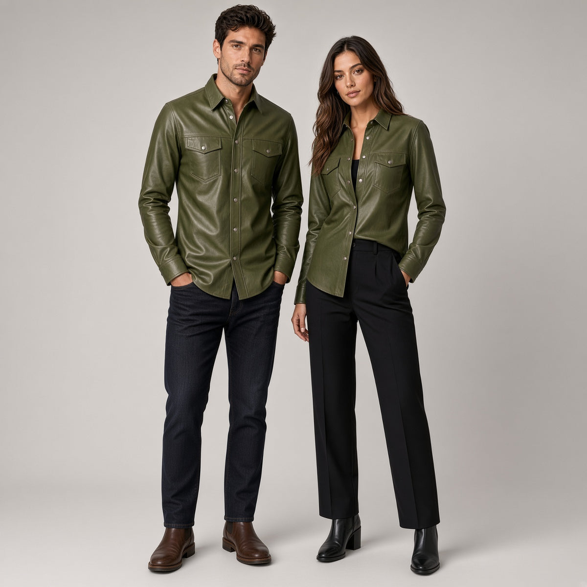 Olive Green Genuine Leather Shirt for Men & Women – Premium Button-Up Leather Shirt