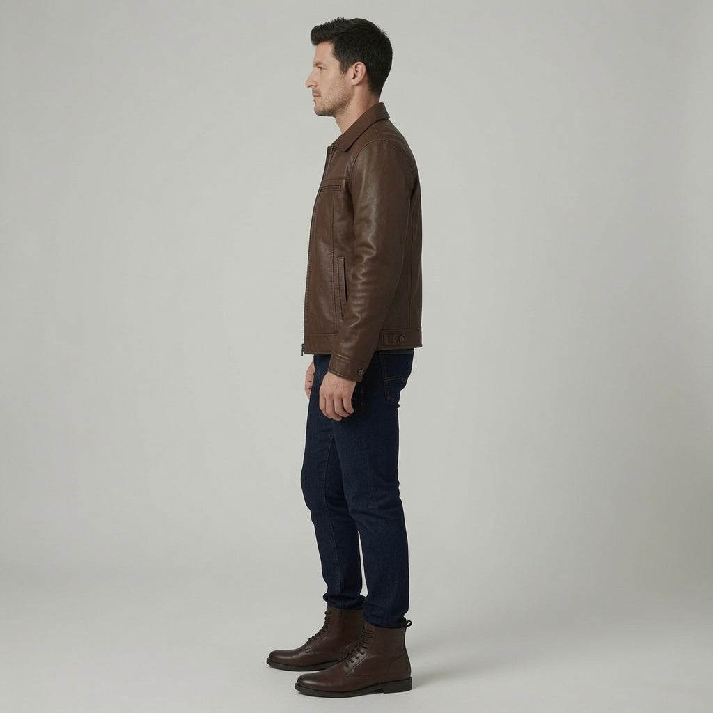 Herren Klassische braune Lederjacke – Reißverschluss Casual Motorradjacke