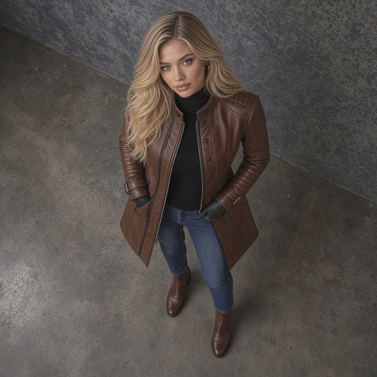 Women’s Brown Leather Long Coat | Fitted Leather Jacket