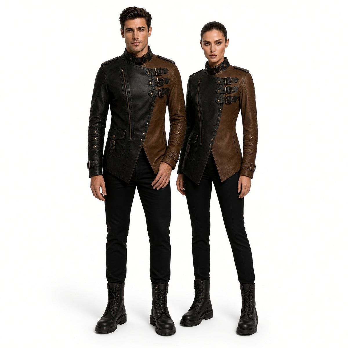 Men’s Black & Brown Genuine Leather Jacket – Medieval Warrior Steampunk Biker Coat
