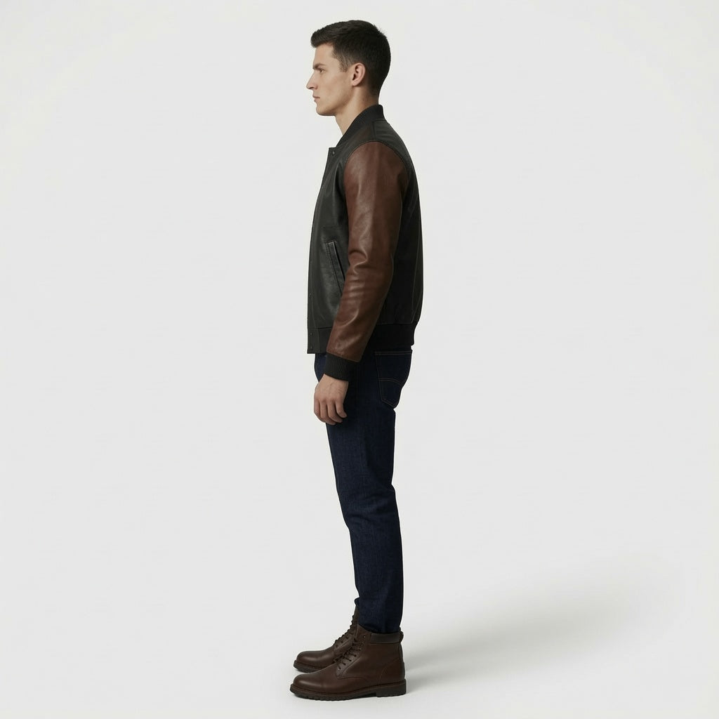 Herren Bomberjacke aus Leder in Schwarz und Braun – Klassischer Baseball-Stil