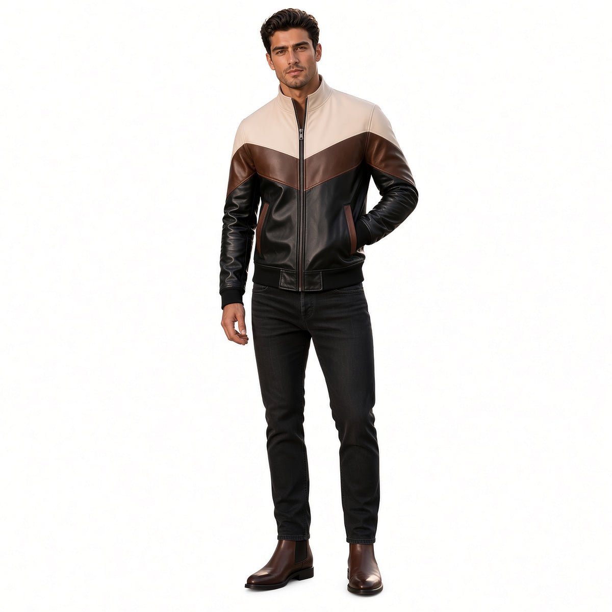 Men's Brown Black & White Leather Jacket | Modern Color Block Jacket