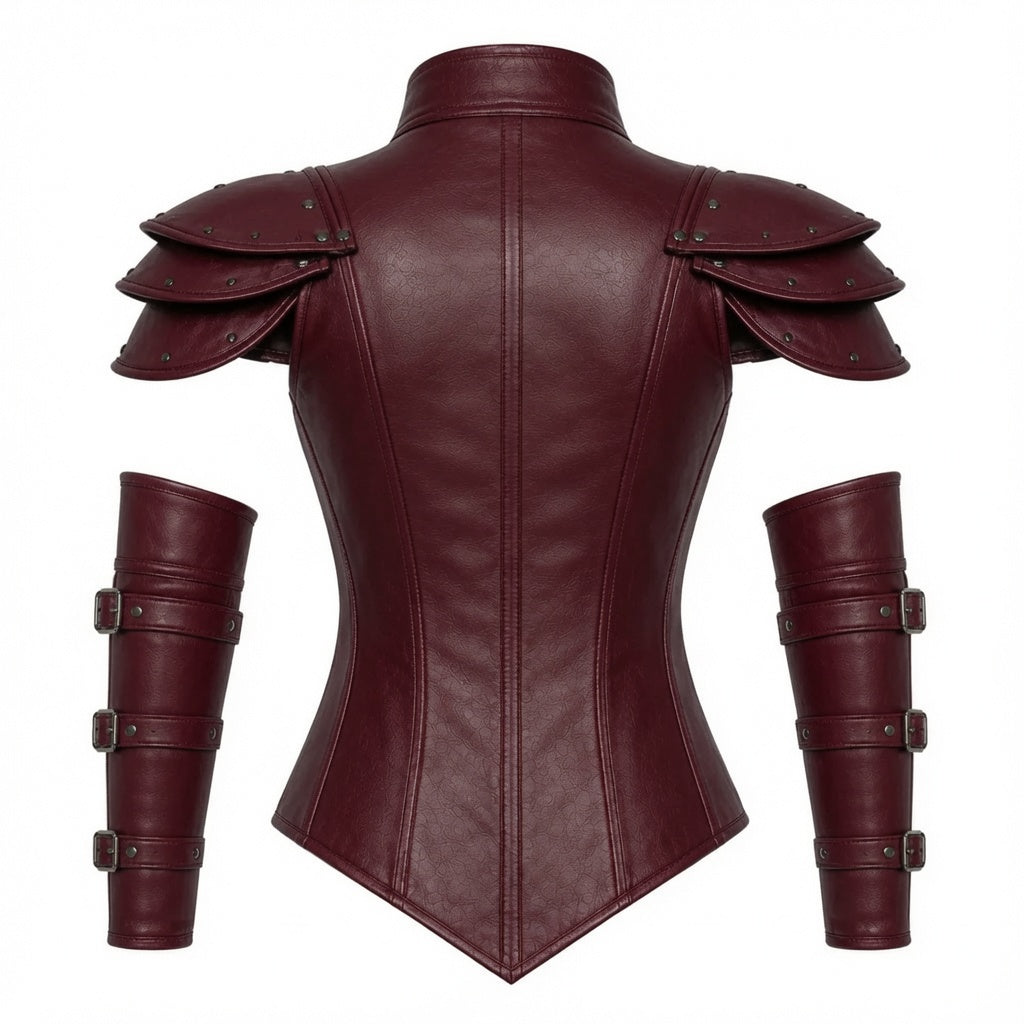 Damen Burgunderrot Fantasy Leder-Rüstungskorsett – Mittelalter Krieger Cosplay Kostüm