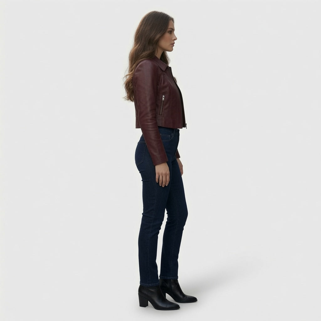 Damen bordeauxrote verkürzte Lederjacke – Schmale Passform Lässiger Motorrad-Stil
