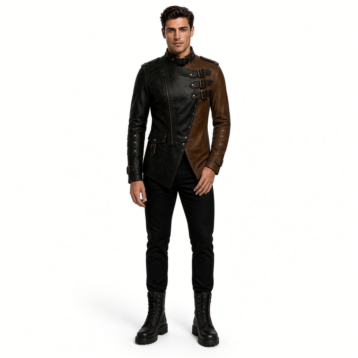Men’s Black & Brown Genuine Leather Jacket – Medieval Warrior Steampunk Biker Coat