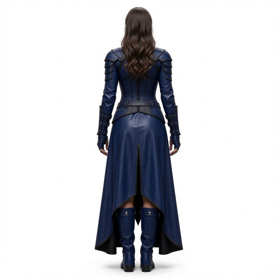Women’s Blue queen  Leather Costume – Corset Dress, Cape, Arm Bracers & Boots