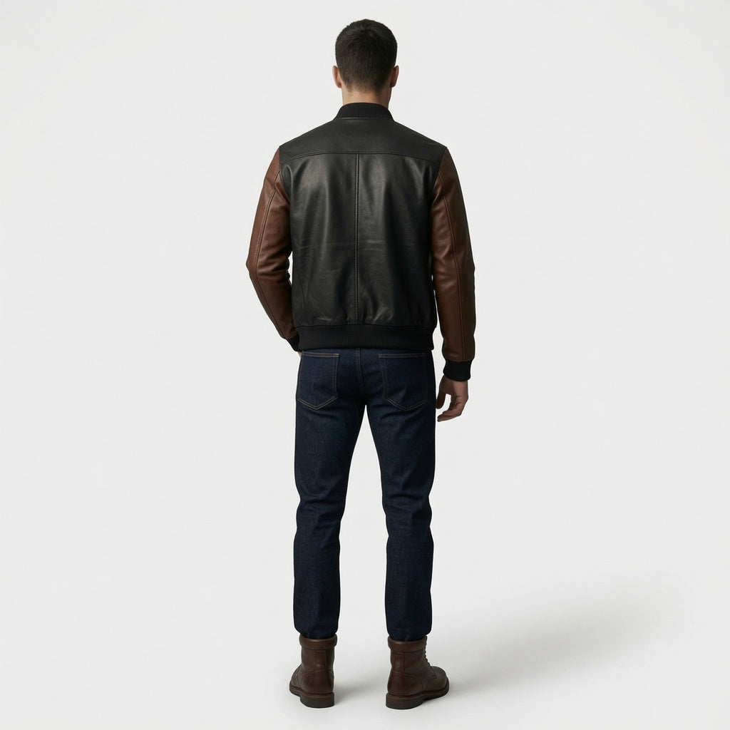 Herren Bomberjacke aus Leder in Schwarz und Braun – Klassischer Baseball-Stil