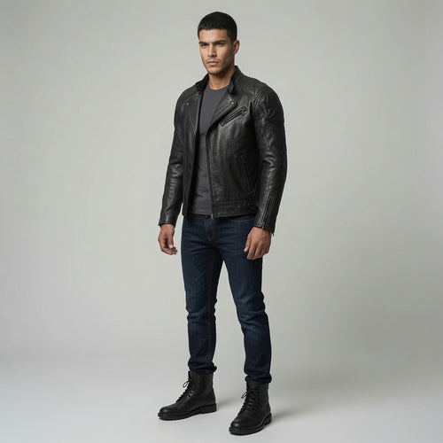 Men's Black Genuine Leather Asymmetrical Biker Jacket | Premium Motorcycle Leather Jacket