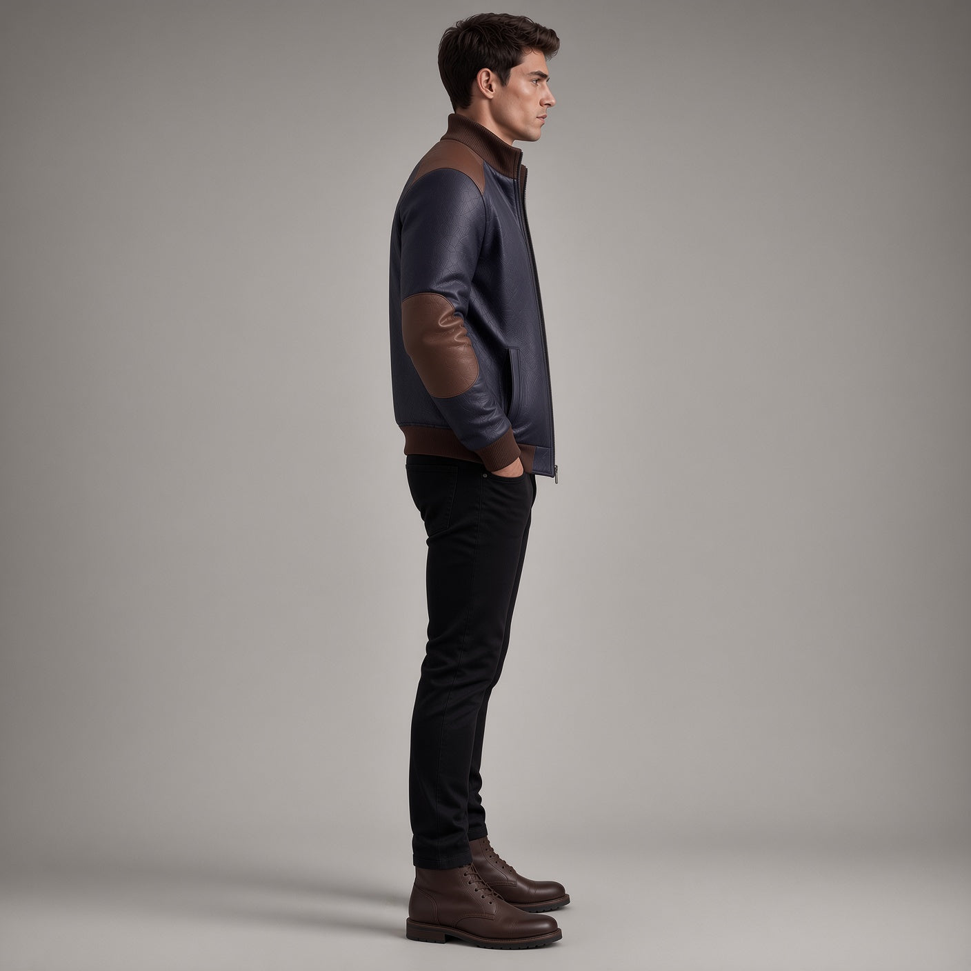 Men's Navy Blue Leather Bomber Jacket | Brown Accent Jacket