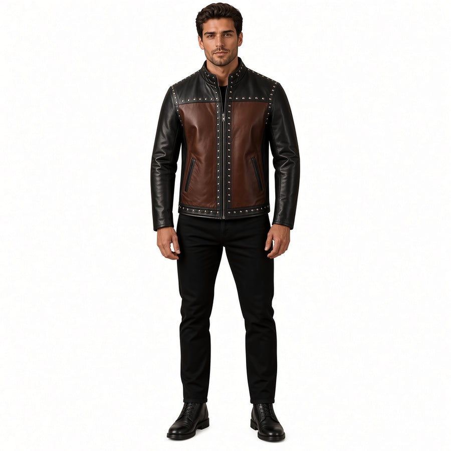 Men's Black & Brown Studded Leather Jacket – Vintage Biker Style