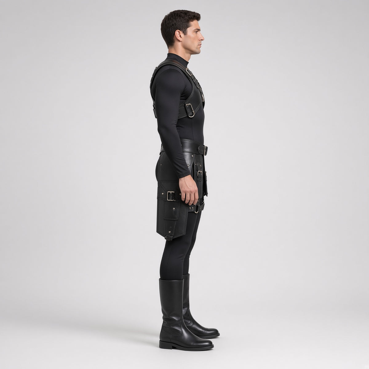 Men's Black Leather Harness Costume | Gothic Warrior Outfit with Boots