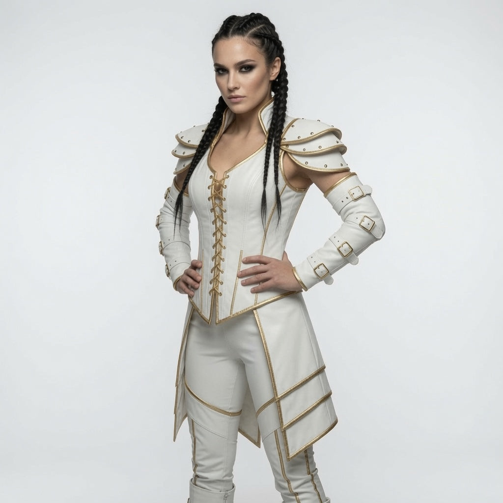 Damen Korsett aus weiß-goldenem Fantasy-Lederharnisch – Mittelalterliches Krieger-Cosplay-Kostüm