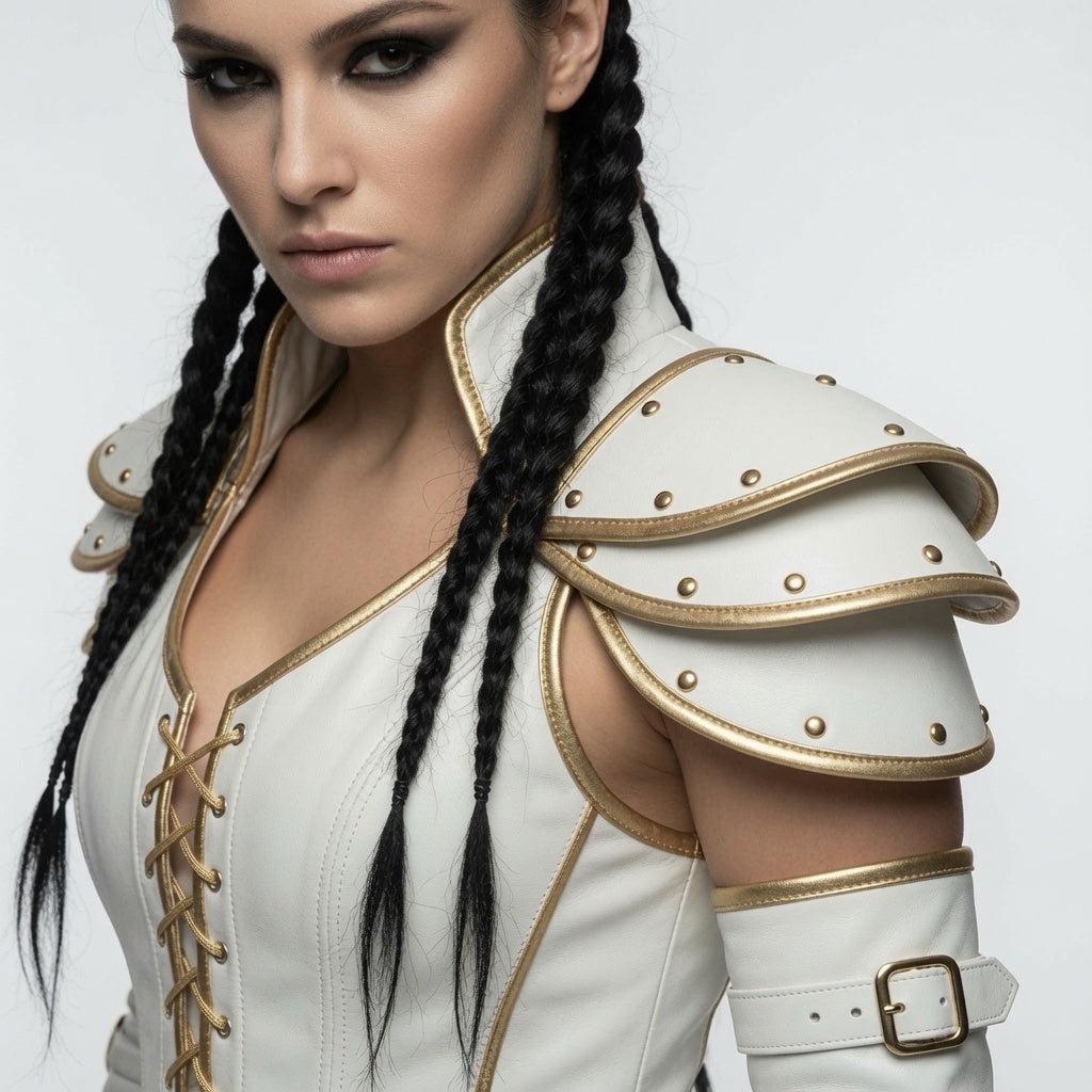 Damen Korsett aus weiß-goldenem Fantasy-Lederharnisch – Mittelalterliches Krieger-Cosplay-Kostüm