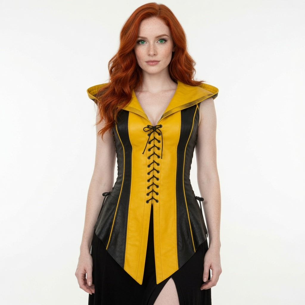 Women's Yellow & Black Fantasy Leather Corset Vest – Medieval Hooded Cosplay Costume