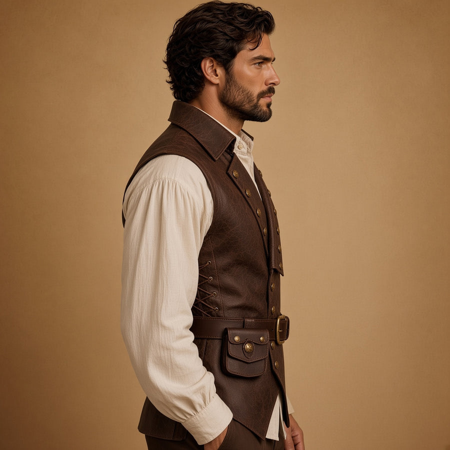 Men's Brown Leather Vest & Shirt Outfit – Vintage Casual Leather Look