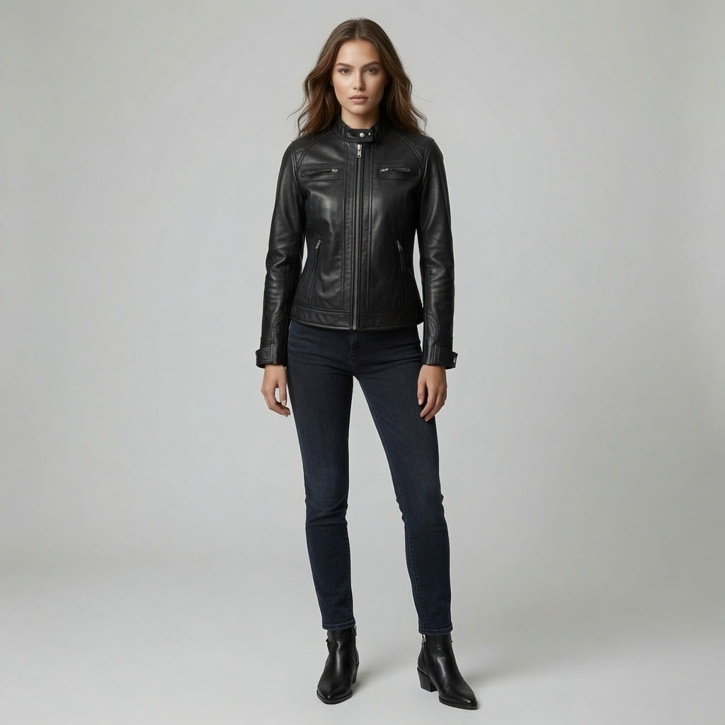 Damen schwarze Echtleder Cafe Racer Jacke | Slim Fit Motorrad Lederjacke