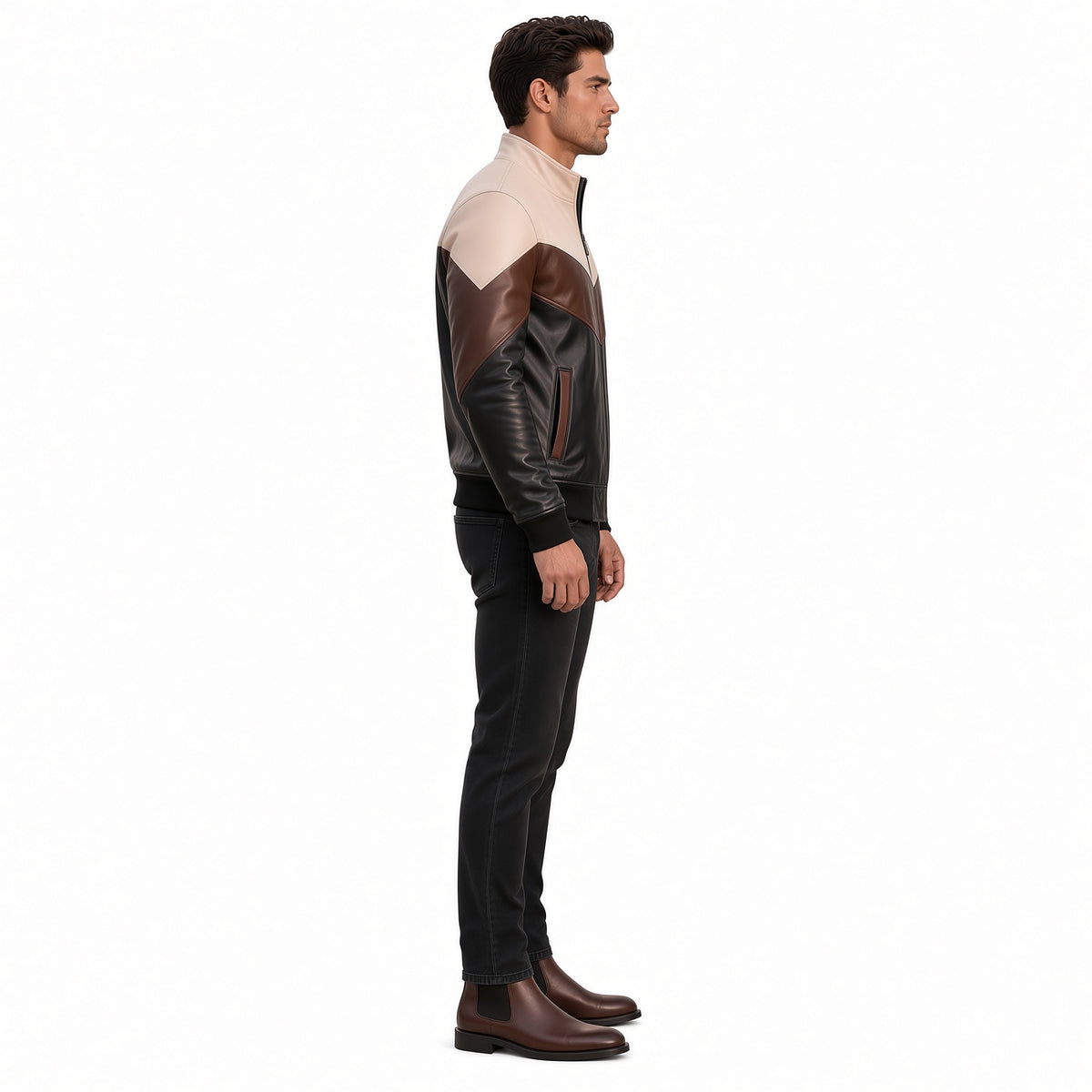 Men's Brown Black & White Leather Jacket | Modern Color Block Jacket