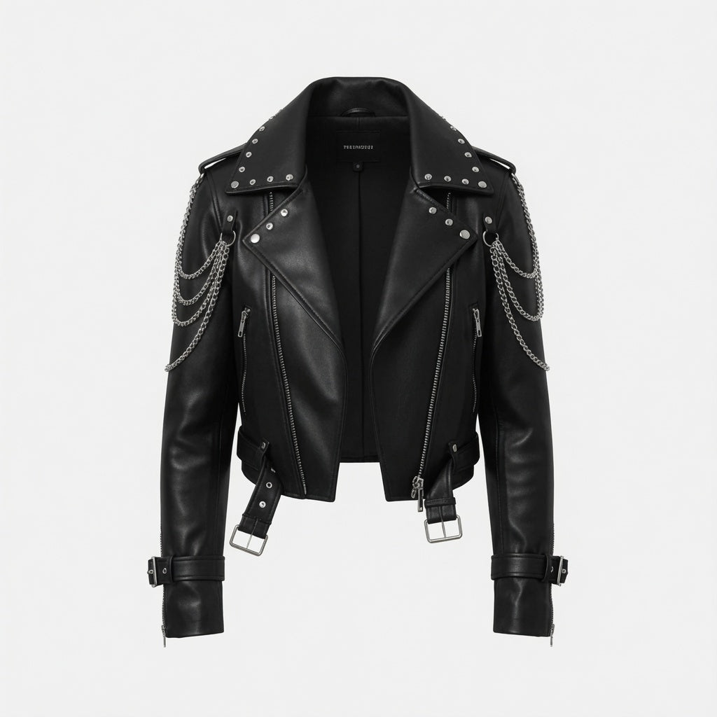 Handgefertigte Damen-Bikerjacke aus echtem schwarzem Leder mit Nieten und Kette | Punk-Motorradjacke