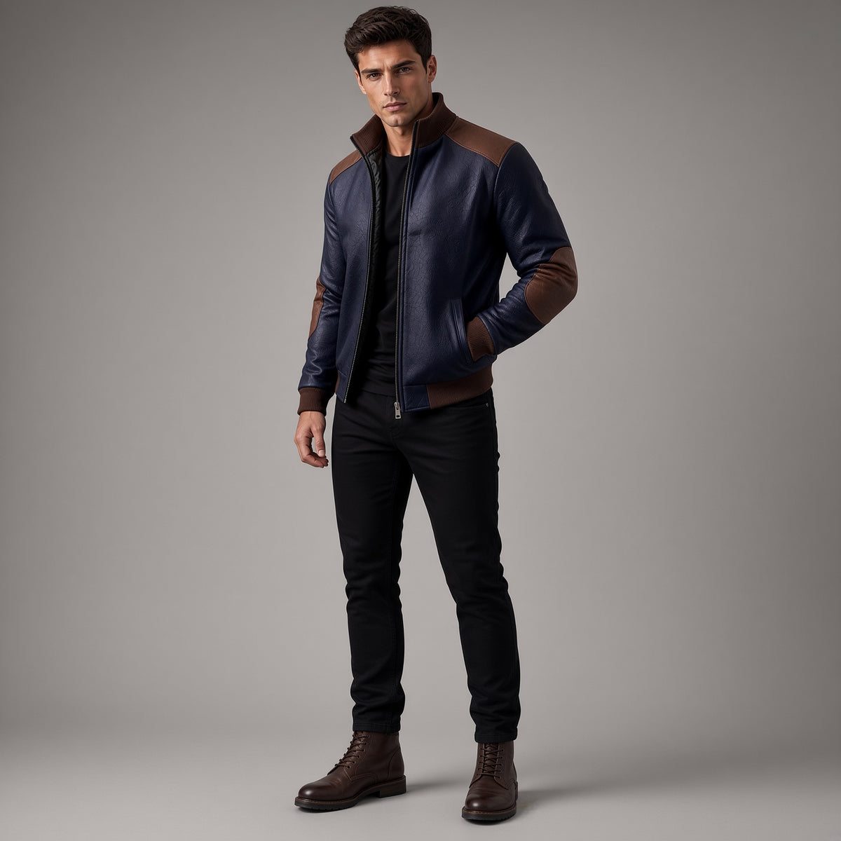 Men's Navy Blue Leather Bomber Jacket | Brown Accent Jacket