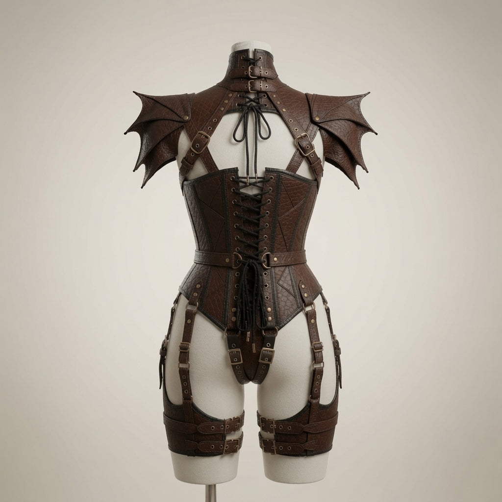 Damen Braunes Fantasy Leder Rüstungs-Bodysuit – Mittelalterlicher Krieger Cosplay Kostüm