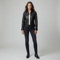 Women's Black Genuine Leather Cafe Racer Jacket | Slim Fit Motorcycle Leather Jacket