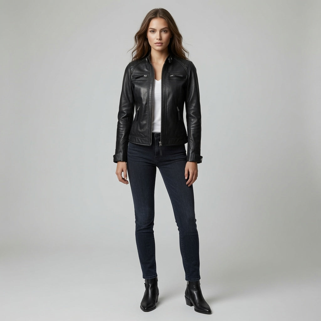 Damen schwarze Echtleder Cafe Racer Jacke | Slim Fit Motorrad Lederjacke