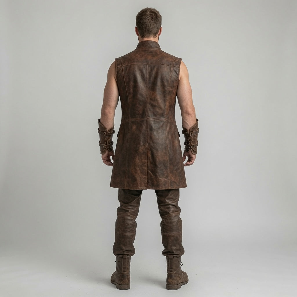 Herren Mittelalterliche Lederweste in Braun – Fantasy Krieger Lange Weste und Hose für LARP & Cosplay