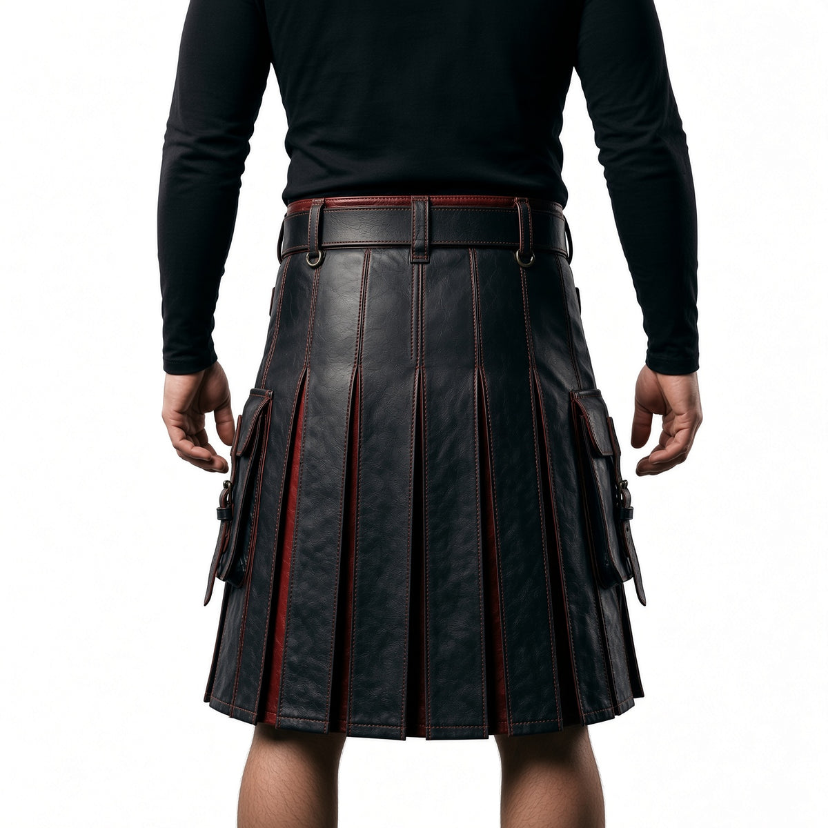Men’s Black & Red Leather Kilt | Gothic Warrior Utility Kilt | Alternative Fashion Costume