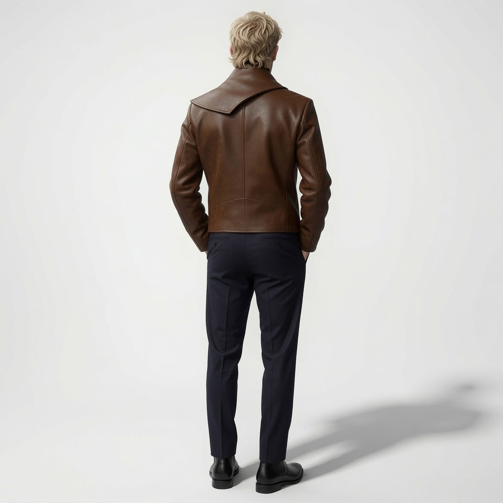 Herren Designer Braune Echtleder Asymmetrische Jacke | Luxus Maßgeschneiderter Lederblazer