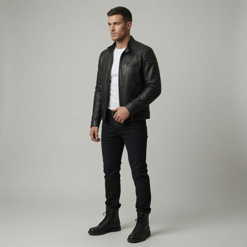 Herren Schwarze Cafe Racer Jacke aus echtem Leder | Klassische Motorrad Lederjacke