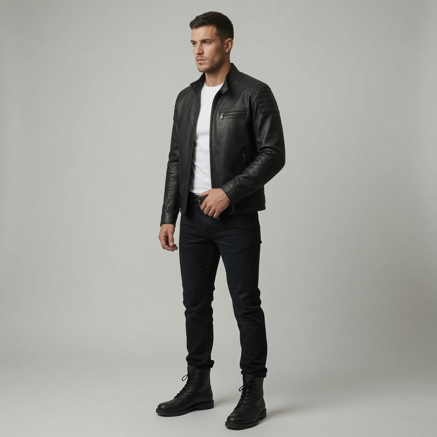 Men's Black Genuine Leather Cafe Racer Jacket | Classic Motorcycle Leather Jacket