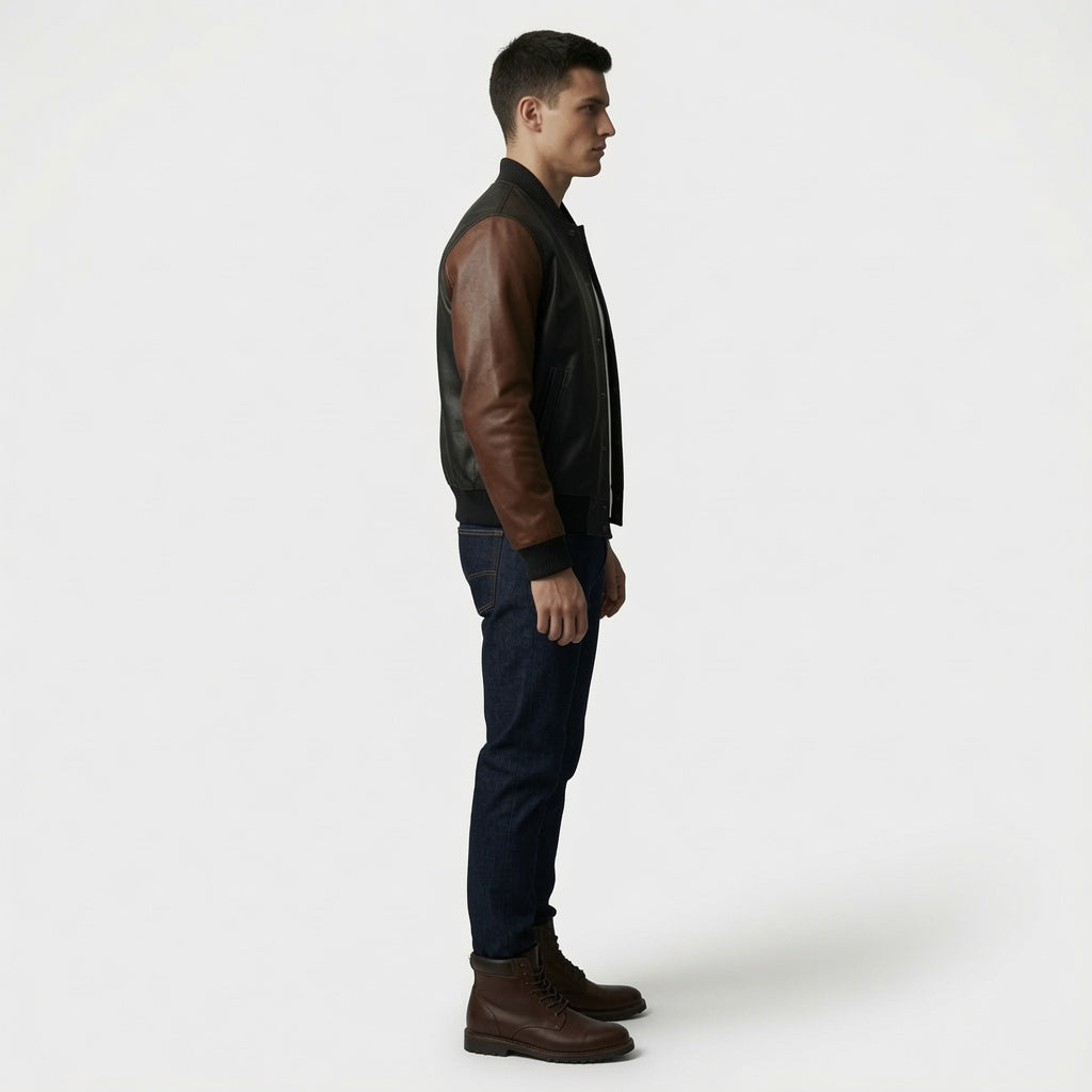 Herren Bomberjacke aus Leder in Schwarz und Braun – Klassischer Baseball-Stil
