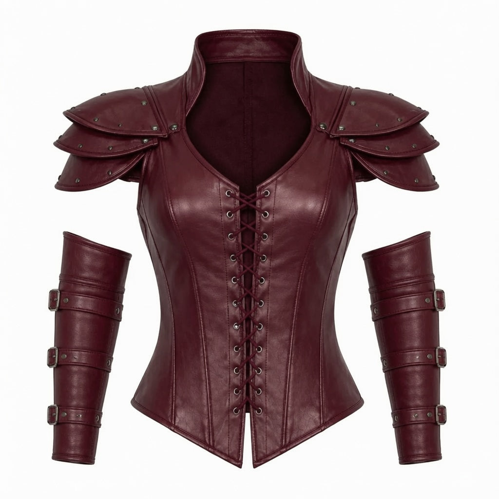 Damen Burgunderrot Fantasy Leder-Rüstungskorsett – Mittelalter Krieger Cosplay Kostüm