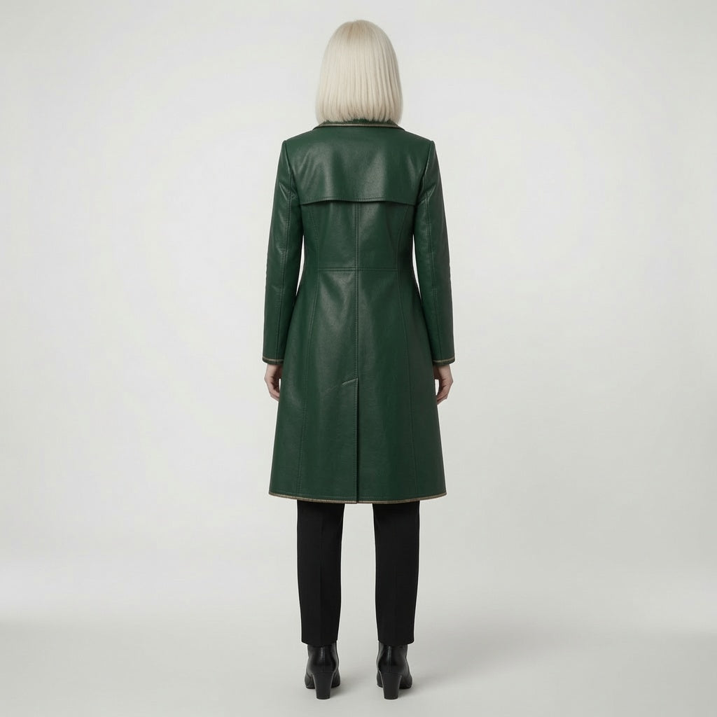 Women's Emerald Green Leather Long Coat – Double Breasted Military Style Trench Jacket