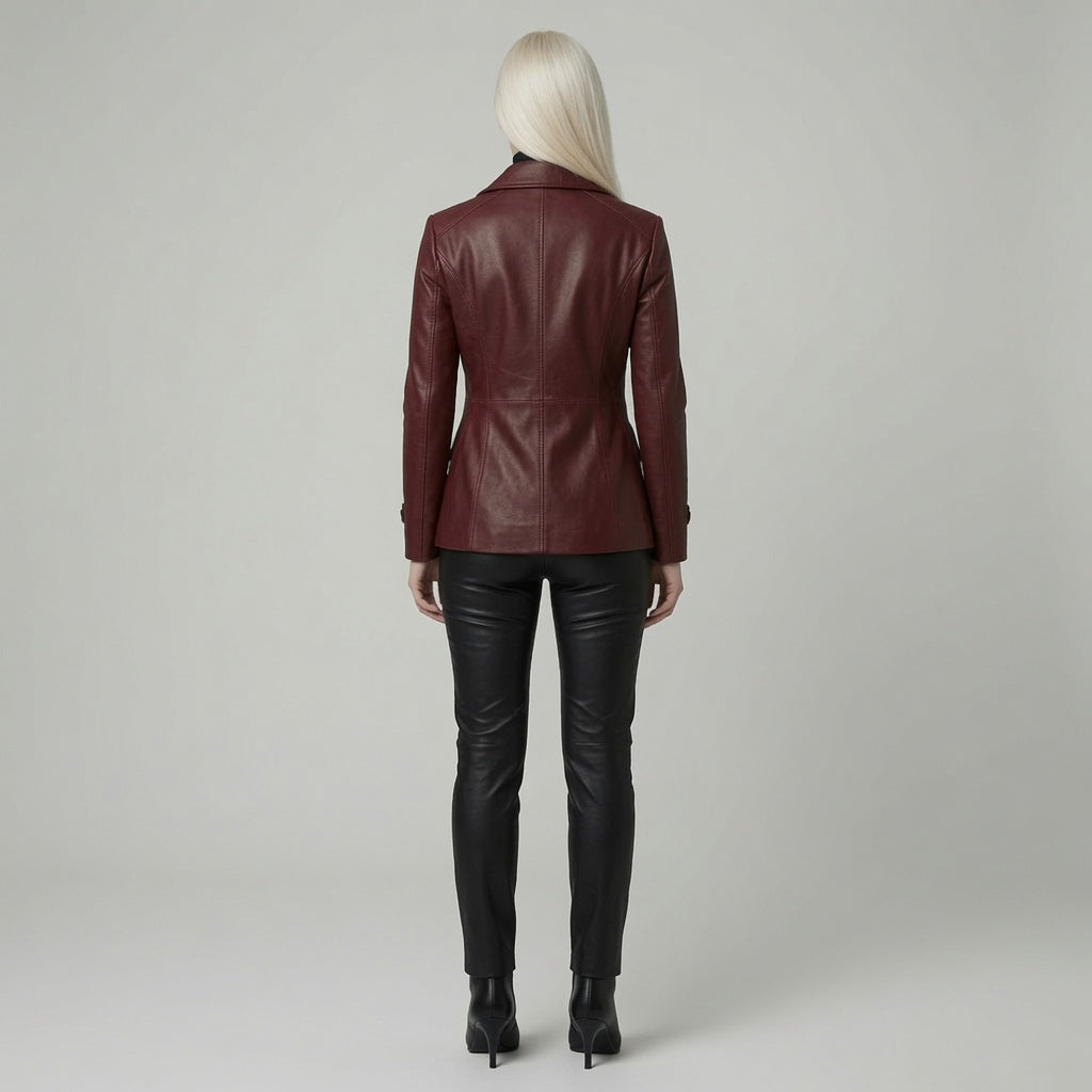 Women’s Burgundy Leather Blazer Jacket – Double Breasted Fitted Leather CoatWomen’s Burgundy Leather Blazer Jacket – Double Breasted Fitted Leather Coat