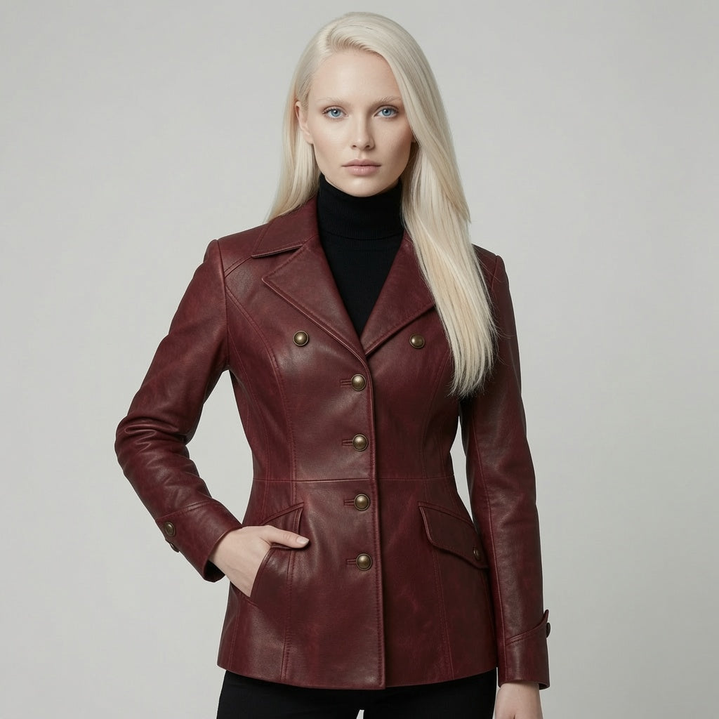 Women’s Burgundy Leather Blazer Jacket – Double Breasted Fitted Leather CoatWomen’s Burgundy Leather Blazer Jacket – Double Breasted Fitted Leather Coat