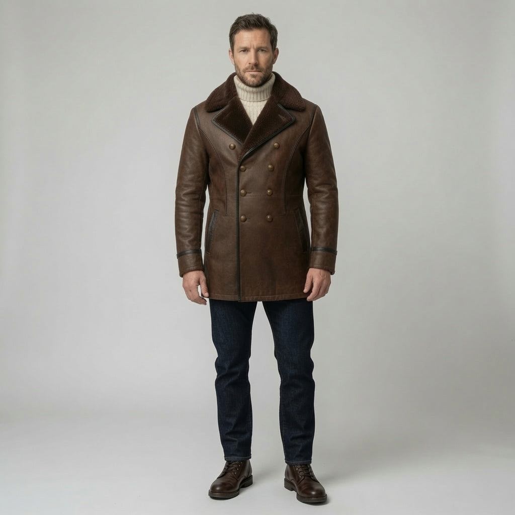 Men's Brown Shearling Leather Peacoat – Double Breasted Winter Leather Coat