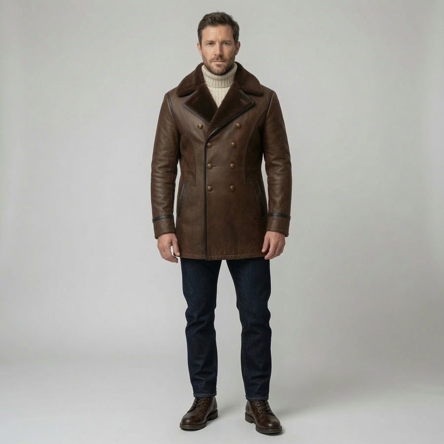 Men's Brown Shearling Leather Peacoat – Double Breasted Winter Leather Coat