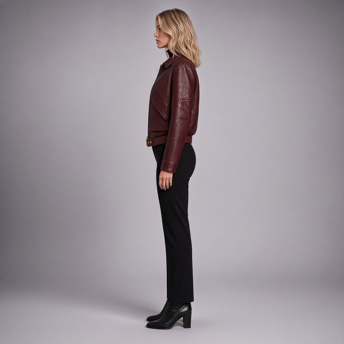 Women’s Maroon Genuine Leather Jacket | Cropped Biker Jacket with Front Pockets & Belted Waist