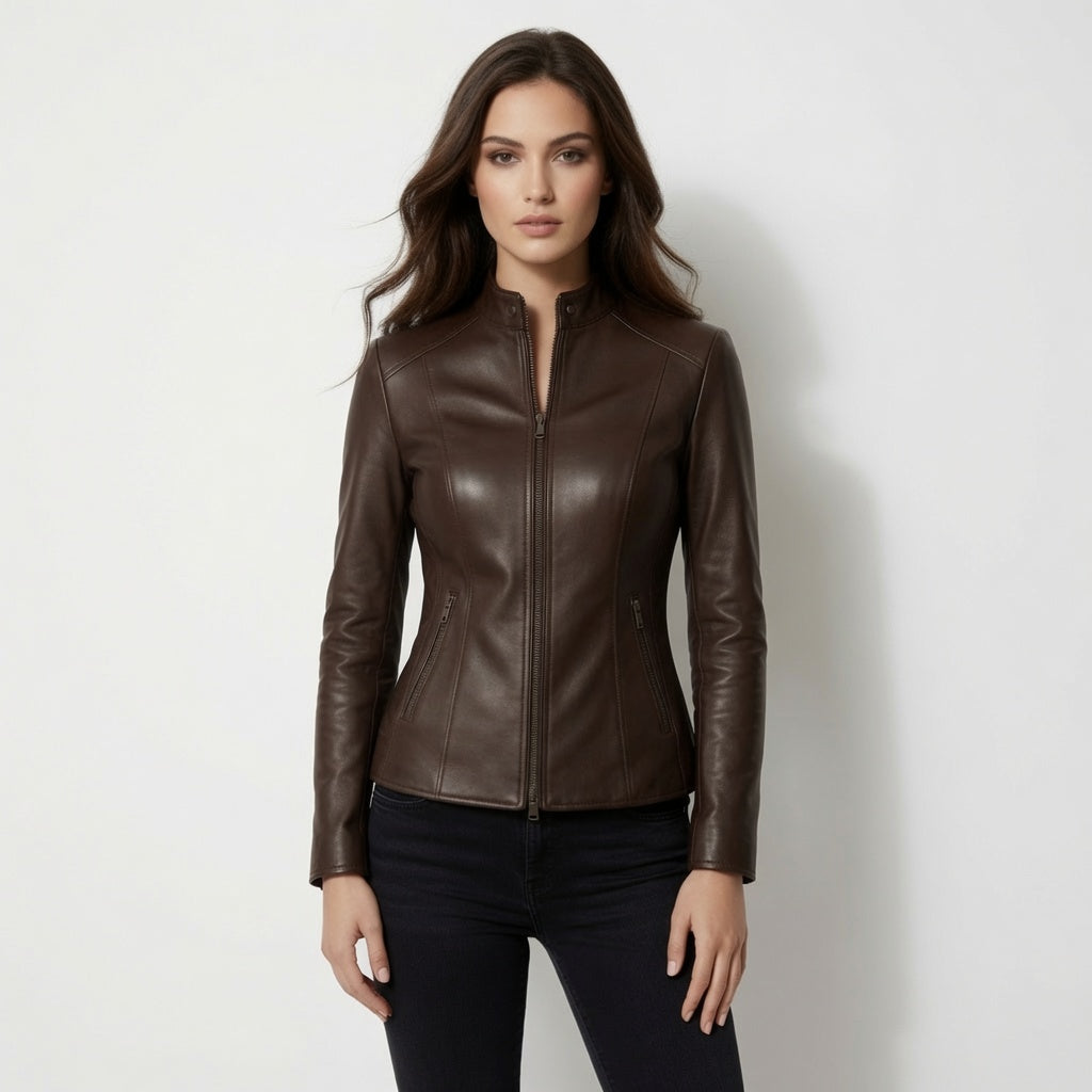Damen Dunkelbraune Motorradjacke aus echtem Leder | Schmale Café Racer Lederjacke