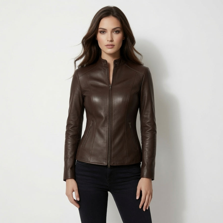 Women's Dark Brown Genuine Leather Moto Jacket | Slim Fit Café Racer Leather Jacket