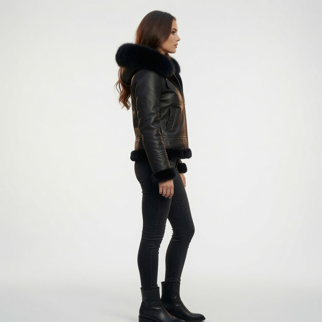 Damen Schwarze Echtleder-Kapuzenjacke aus Lammfell | Winter-Lederjacke mit Fellfutter
