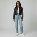 Women's Black Genuine Leather Cropped Trucker Jacket | Modern Button-Up Leather Jacket